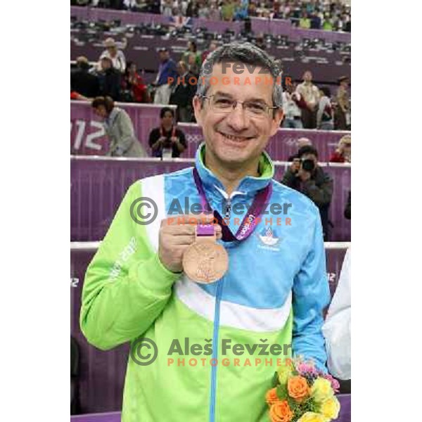 Rajmond Debevec of Slovenia, olympic bronze medalist in men\'s 50 m Rifle Prone shooting competition at Royal Artillery Barracks, London 2012 Olympic games, Great Britain on August 3, 2012 