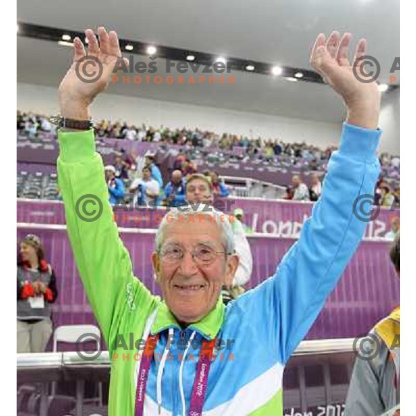 Coach Lojze Mikolic at men\'s 50 m Rifle Prone shooting competition at Royal Artillery Barracks, London 2012 Olympic games, Great Britain on August 3, 2012 
