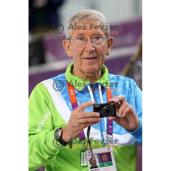 Coach Lojze Mikolic at men\'s 50 m Rifle Prone shooting competition at Royal Artillery Barracks, London 2012 Olympic games, Great Britain on August 3, 2012 