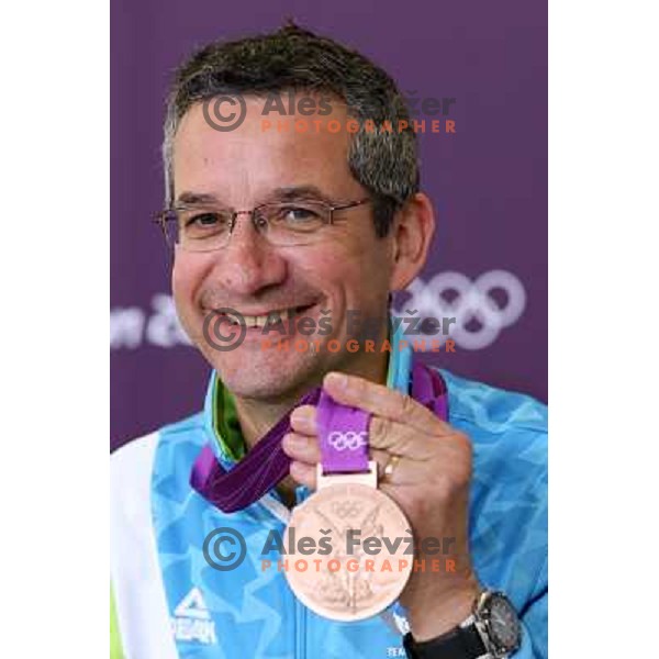 Rajmond Debevec of Slovenia, olympic bronze medalist in men\'s 50 m Rifle Prone shooting competition at Royal Artillery Barracks, London 2012 Olympic games, Great Britain on August 3, 2012 