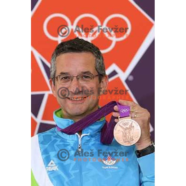 Rajmond Debevec of Slovenia, olympic bronze medalist in men\'s 50 m Rifle Prone shooting competition at Royal Artillery Barracks, London 2012 Olympic games, Great Britain on August 3, 2012 