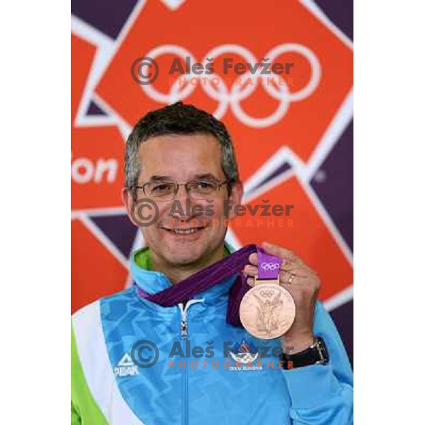 Rajmond Debevec of Slovenia, olympic bronze medalist in men\'s 50 m Rifle Prone shooting competition at Royal Artillery Barracks, London 2012 Olympic games, Great Britain on August 3, 2012 