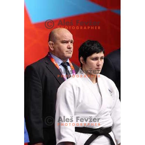 Coach Marjan Fabjan and Lucija Polavder of Slovenia fights in second round of judo 78+ kg tournament in Excel, London 2012 Olympic games, Great Britain on August 3, 2012 