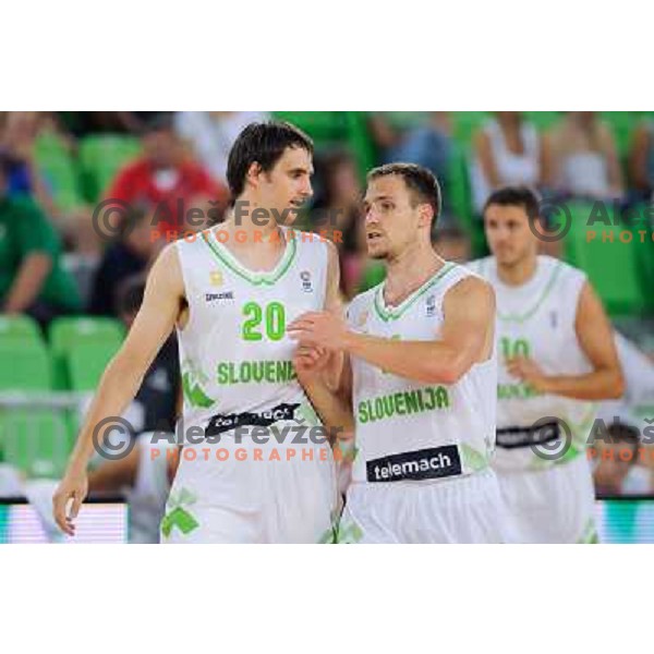 Domen Lorbek, Ziga Zagorc in action during basketball game Slovenia - Bosnia and Herzegovina, Adecco Cup, Stozice Arena, Ljubljana, 03.08.2012 