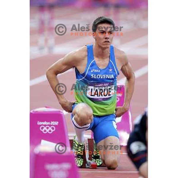 Brent LaRue of Slovenia competes in semi-final of 400 meters hurdles in Athletics at Olympic stadium during London 2012 Summer Olympic games, Great Britain on August 4,2012 