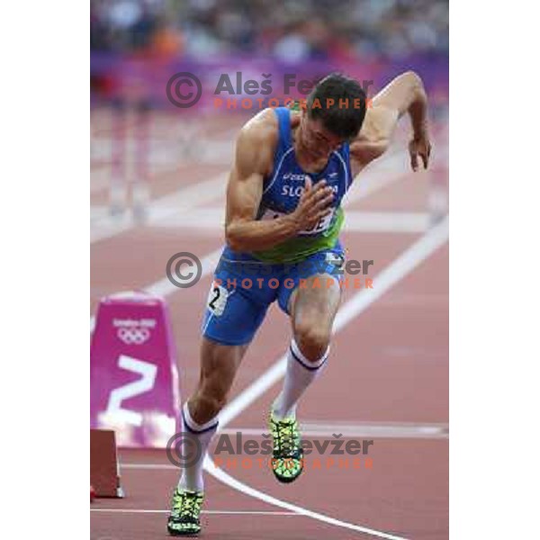 Brent LaRue of Slovenia competes in semi-final of 400 meters hurdles in Athletics at Olympic stadium during London 2012 Summer Olympic games, Great Britain on August 4,2012 