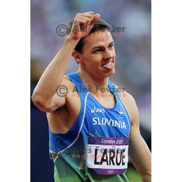 Brent LaRue of Slovenia competes in semi-final of 400 meters hurdles in Athletics at Olympic stadium during London 2012 Summer Olympic games, Great Britain on August 4,2012 
