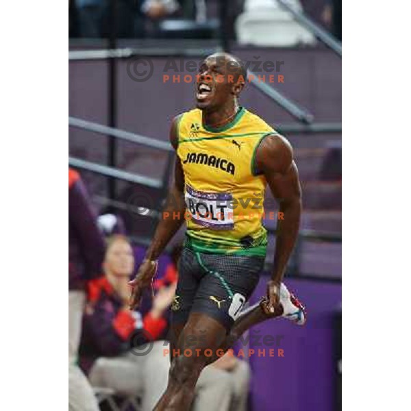 Usain Bolt of Jamaica, Olympic gold medalist at 100 meters at Olympic stadium during London 2012 Olympic games on August 5, 2012 