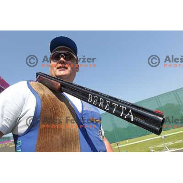 Bostjan Macek of Slovenia competes in trap at shooting range in Royal Artillery Barracks during London 2012 Summer Olympic games, Great Britain on August 6,2012 