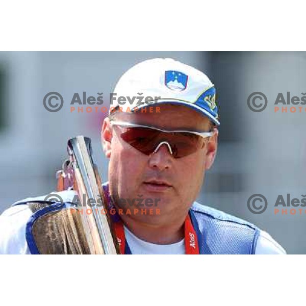 Bostjan Macek of Slovenia competes in trap at shooting range in Royal Artillery Barracks during London 2012 Summer Olympic games, Great Britain on August 6,2012 