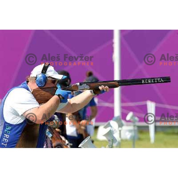 Bostjan Macek of Slovenia competes in trap at shooting range in Royal Artillery Barracks during London 2012 Summer Olympic games, Great Britain on August 6,2012 