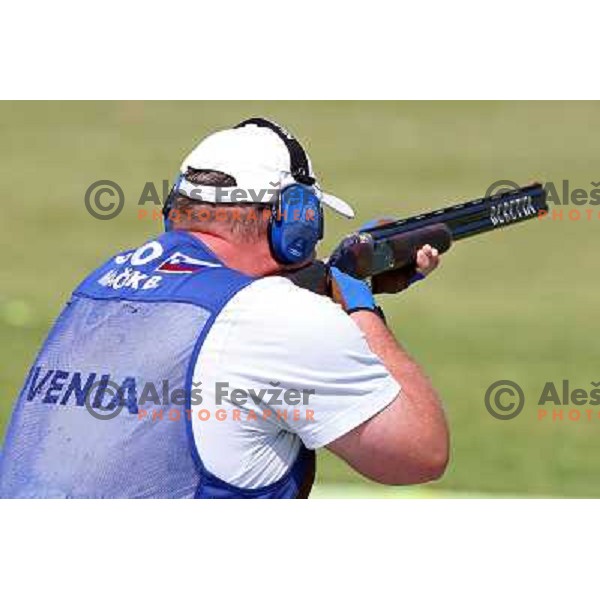 Bostjan Macek of Slovenia competes in trap at shooting range in Royal Artillery Barracks during London 2012 Summer Olympic games, Great Britain on August 6,2012 