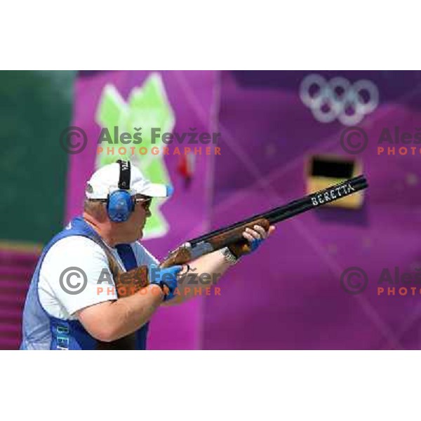 Bostjan Macek of Slovenia competes in trap at shooting range in Royal Artillery Barracks during London 2012 Summer Olympic games, Great Britain on August 6,2012 