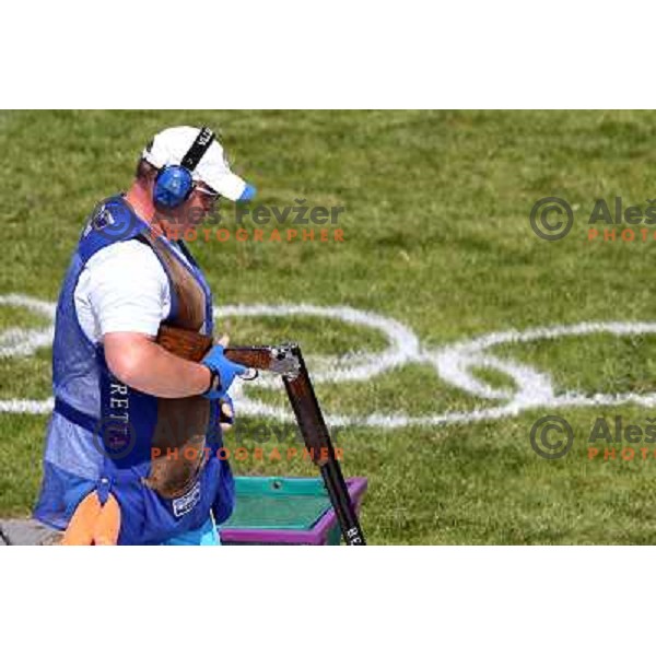 Bostjan Macek of Slovenia competes in trap at shooting range of Royal Artillery Barracks during London 2012 Olympic games on August 6, 2012 