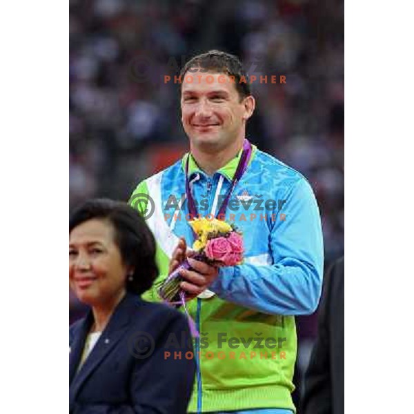 Primoz Kozmus of Slovenia, Olympic silver medalist in hammer throw celebrates at Olympic Stadium during London 2012 Summer Olympic games, Great Britain on August,6 2012 