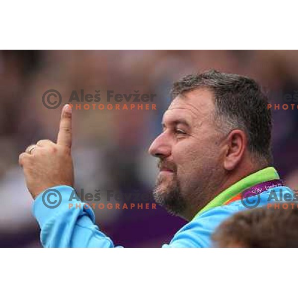 Vladimir Kevo, coach of Barbara Spiler of Slovenia who competes in qualification heat B in women\'s hammer throw at Olympic Stadium during London 2012 Summer Olympic Games, Great Britain on August 8, 2012 