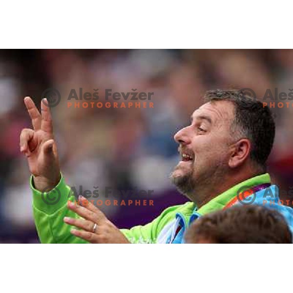 Vladimir Kevo, coach of Barbara Spiler of Slovenia who competes in qualification heat B in women\'s hammer throw at Olympic Stadium during London 2012 Summer Olympic Games, Great Britain on August 8, 2012 