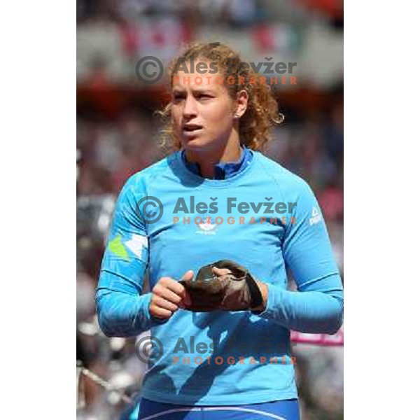 Barbara Spiler of Slovenia competes in qualification of women\'s hammer throw at Olympic stadium during London 2012 Summer Olympic games in August 8, 2012 