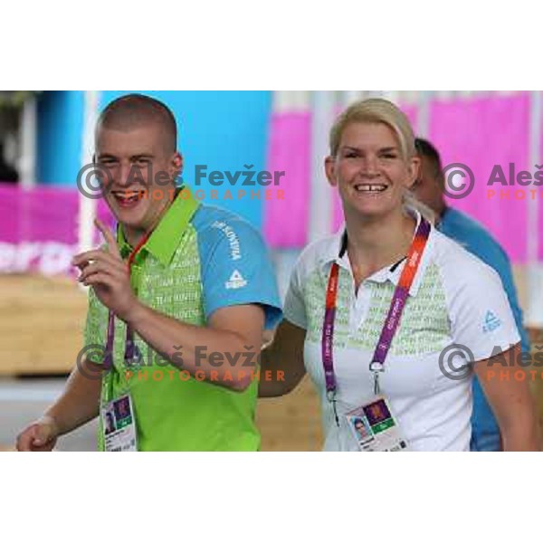 Ivan Konrad Trajkovic, Nusa Rajher of Slovenia taekwondo team pose in front of Olympic Village during London 2012 Summer Olympic Games, Great Britain on August 8, 2012 