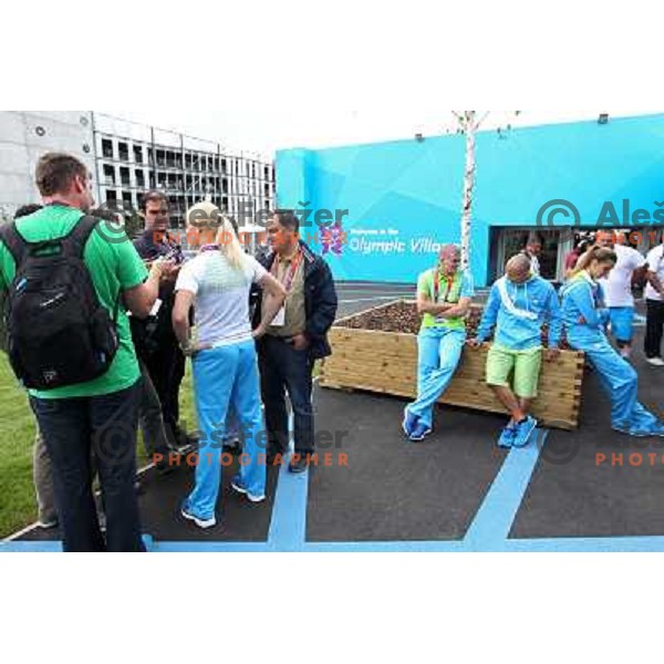 Franka Anic, Ivan Konrad Trajkovic, Nusa Rajher of Slovenia taekwondo team pose in front of Olympic Village during London 2012 Summer Olympic Games, Great Britain on August 8, 2012 