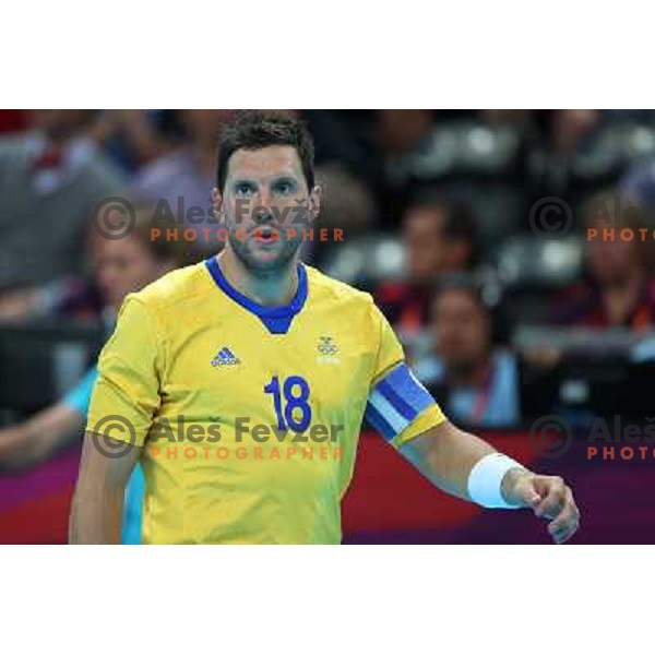 Karlsson of Sweden in action during handball quarter-final match between Sweden and Denmark at London 2012 Olympic games on August 8 ,2012 