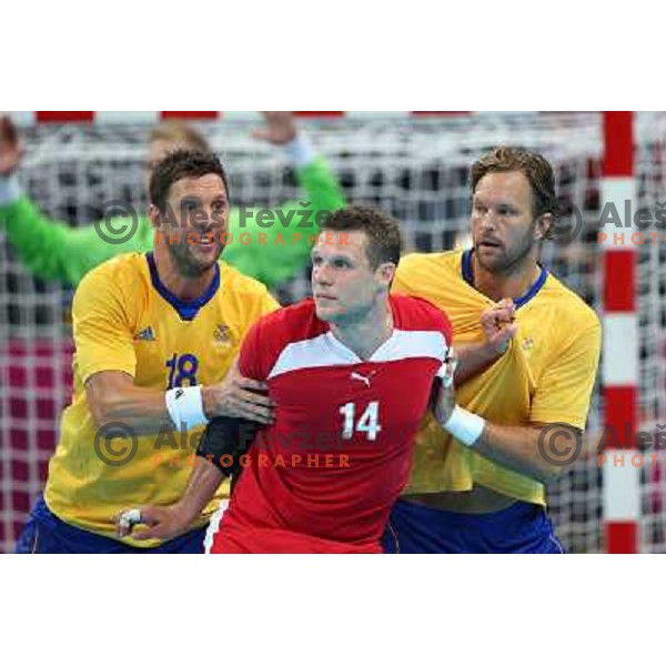 Karlsson of Sweden in action during handball quarter-final match between Sweden and Denmark at London 2012 Olympic games on August 8 ,2012 