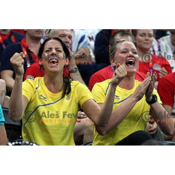 Fans of Sweden in action during handball quarter-final match between Sweden and Denmark at London 2012 Olympic games on August 8 ,2012 