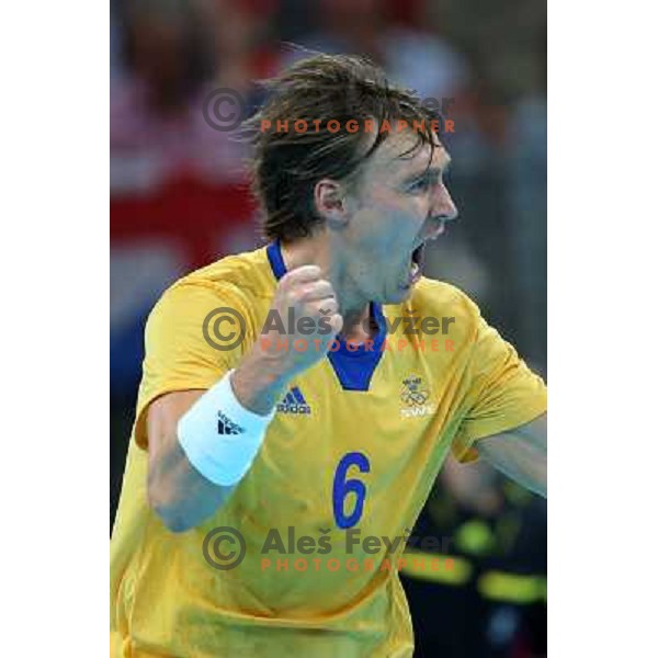 Kallman of Sweden in action during handball quarter-final match between Sweden and Denmark at London 2012 Olympic games on August 8 ,2012 