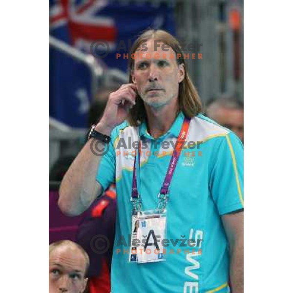 Staffan Olsson, head coach of Sweden in action during handball quarter-final match between Sweden and Denmark at London 2012 Olympic games on August 8 ,2012 