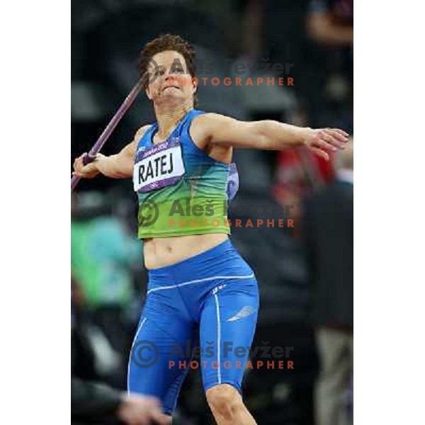 Martina Ratej of Slovenia competes in the final of women\'s javelin throw at Olympic Stadium during London 2012 Summer Olympic Games, Great Britain on August 9, 2012 