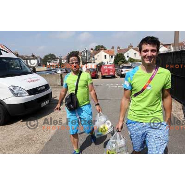 Robert Pintaric and Urban Ferencak in front of hotel Camelia in Southend on Sea, british town and seaside resort in Essex during London 2012 Summer Olympic games on August 9, 2012 