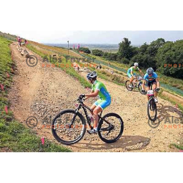 Tanja Zakelj of Slovenia during free practice session on Olympic MTB course at Hadleigh Farm near Southend on Sea,Essex during London 2012 Summer Olympic games on August 9, 2012 