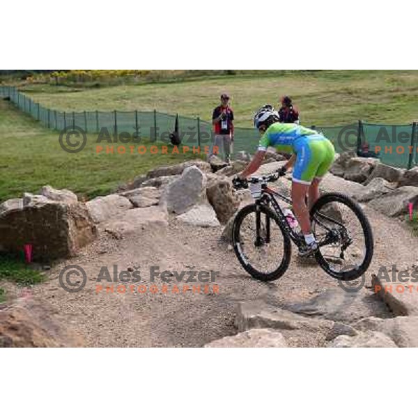 Tanja Zakelj of Slovenia during free practice session on Olympic MTB course at Hadleigh Farm near Southend on Sea,Essex during London 2012 Summer Olympic games on August 9, 2012 