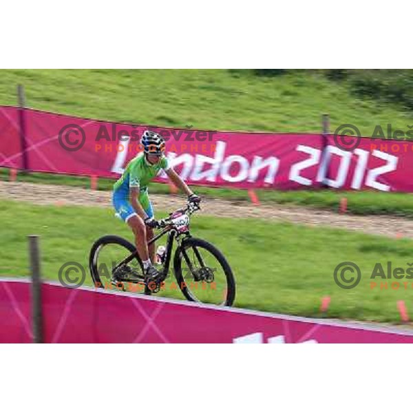 Tanja Zakelj of Slovenia during free practice session on Olympic MTB course at Hadleigh Farm near Southend on Sea,Essex during London 2012 Summer Olympic games on August 9, 2012 