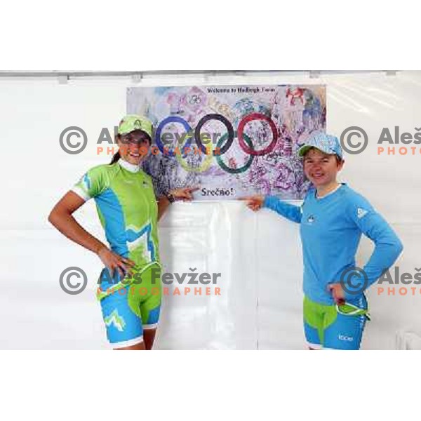 Blaz Klemencic and Tanja Zakelj of Slovenia during free practice session on Olympic MTB course at Hadleigh Farm near Southend on Sea,Essex during London 2012 Summer Olympic games on August 9, 2012 