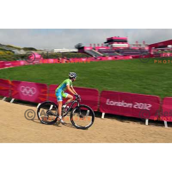 Tanja Zakelj of Slovenia during free practice session on Olympic MTB course at Hadleigh Farm near Southend on Sea,Essex during London 2012 Summer Olympic games on August 9, 2012 
