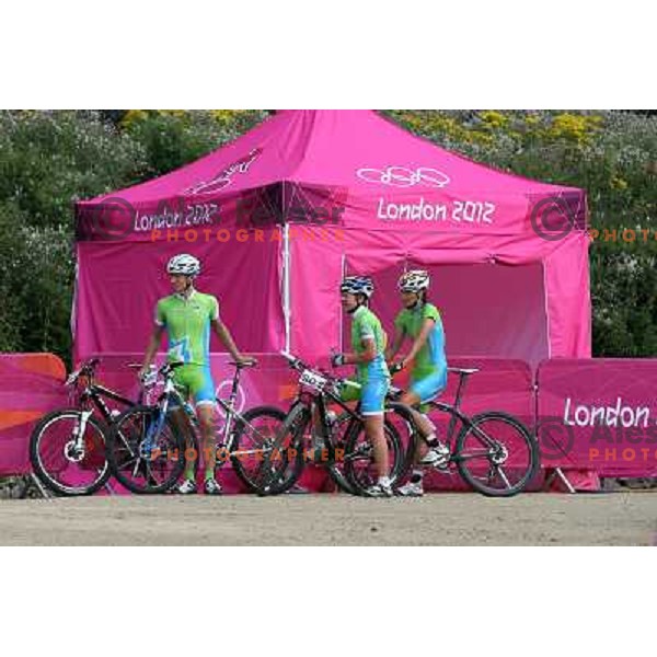 Urban Ferencak, Tanja Zakelj and Blaza Klemencic of Slovenia during free practice session on Olympic MTB course at Hadleigh Farm near Southend on Sea,Essex during London 2012 Summer Olympic games on August 9, 2012 