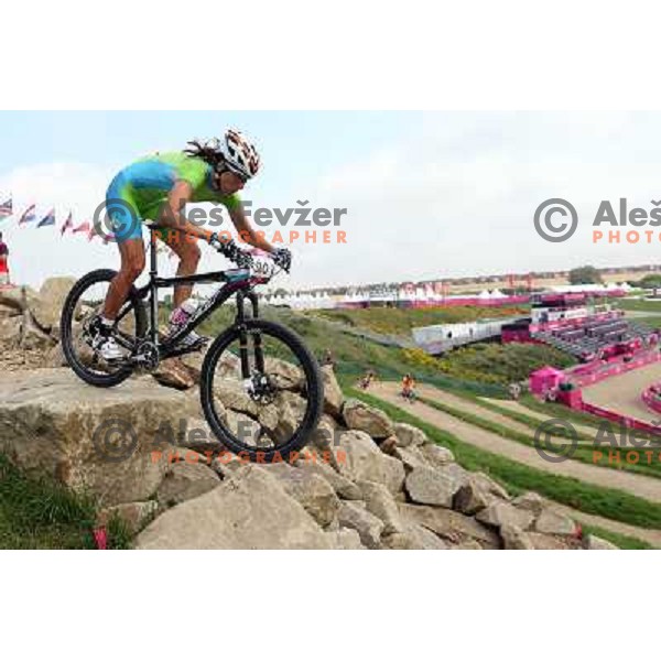 Blaza Klemencic of Slovenia during free practice session on Olympic MTB course at Hadleigh Farm near Southend on Sea,Essex during London 2012 Summer Olympic games on August 9, 2012 