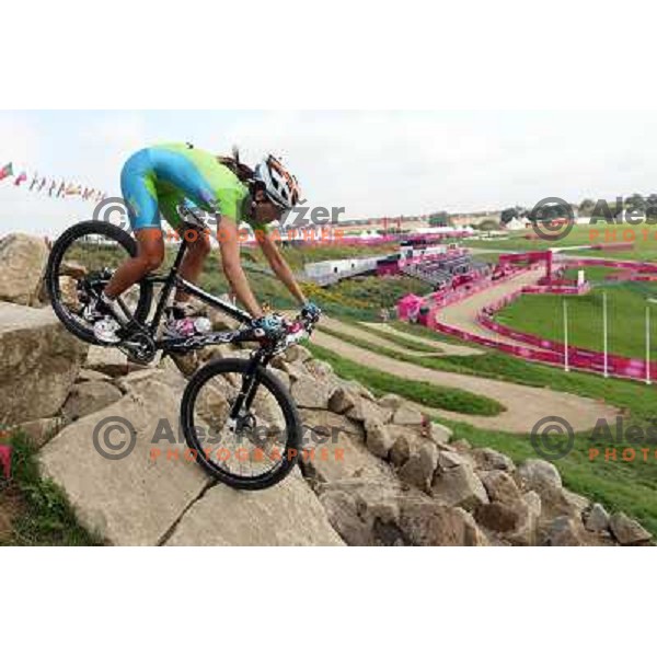 Blaza Klemencic of Slovenia during free practice session on Olympic MTB course at Hadleigh Farm near Southend on Sea,Essex during London 2012 Summer Olympic games on August 9, 2012 