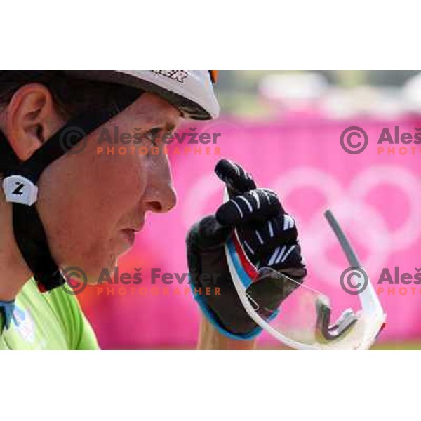 Blaza Klemencic of Slovenia during free practice session on Olympic MTB course at Hadleigh Farm near Southend on Sea,Essex during London 2012 Summer Olympic games on August 9, 2012 