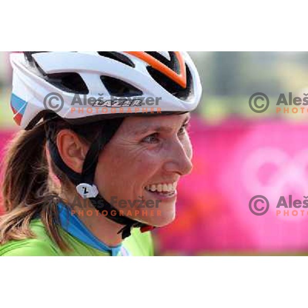 Blaza Klemencic of Slovenia during free practice session on Olympic MTB course at Hadleigh Farm near Southend on Sea,Essex during London 2012 Summer Olympic games on August 9, 2012 