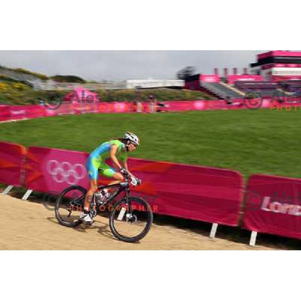 Blaza Klemencic of Slovenia during free practice session on Olympic MTB course at Hadleigh Farm near Southend on Sea,Essex during London 2012 Summer Olympic games on August 9, 2012 