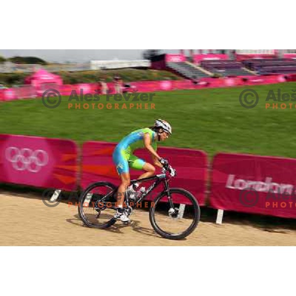 Blaza Klemencic of Slovenia during free practice session on Olympic MTB course at Hadleigh Farm near Southend on Sea,Essex during London 2012 Summer Olympic games on August 9, 2012 