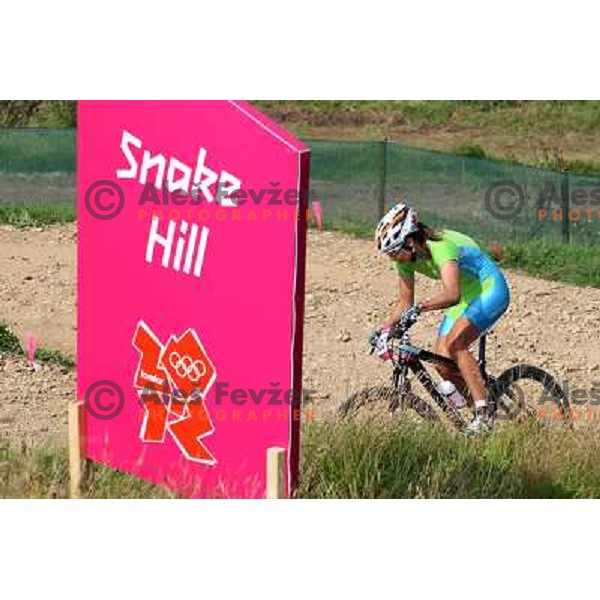 Blaza Klemencic of Slovenia during free practice session on Olympic MTB course at Hadleigh Farm near Southend on Sea,Essex during London 2012 Summer Olympic games on August 9, 2012 