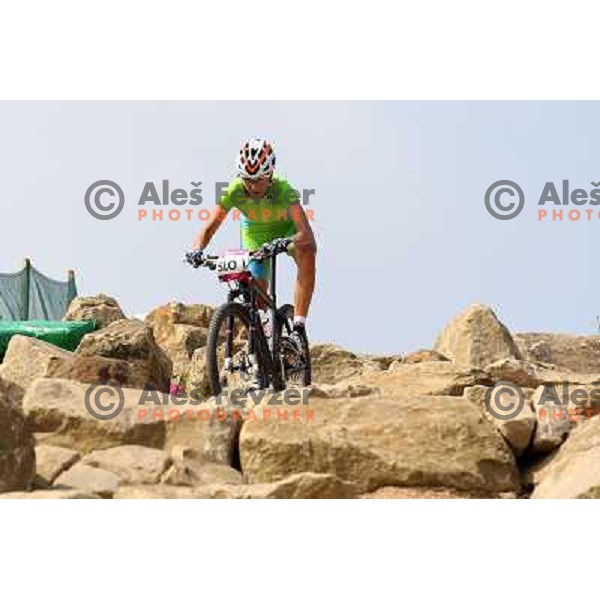 Blaza Klemencic of Slovenia during free practice session on Olympic MTB course at Hadleigh Farm near Southend on Sea,Essex during London 2012 Summer Olympic games on August 9, 2012 