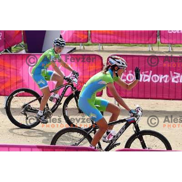 Tanja Zakelj and Blaza Klemencic of Slovenia during free practice session on Olympic MTB course at Hadleigh Farm near Southend on Sea,Essex during London 2012 Summer Olympic games on August 9, 2012 