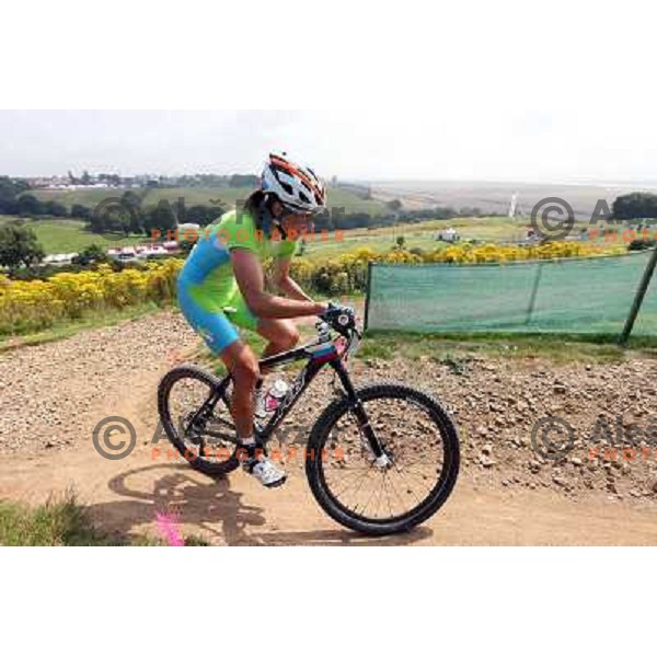 Blaza Klemencic of Slovenia during free practice session on Olympic MTB course at Hadleigh Farm near Southend on Sea,Essex during London 2012 Summer Olympic games on August 9, 2012 