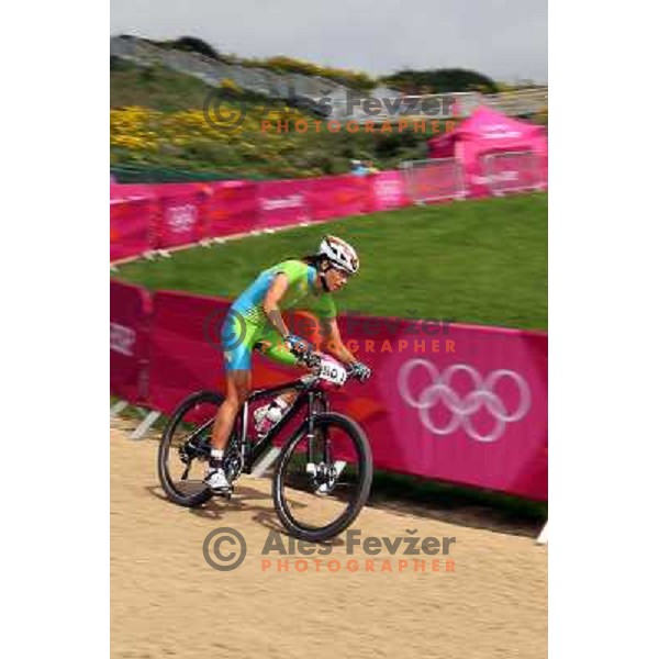 Blaza Klemencic of Slovenia during free practice session on Olympic MTB course at Hadleigh Farm near Southend on Sea,Essex during London 2012 Summer Olympic games on August 9, 2012 