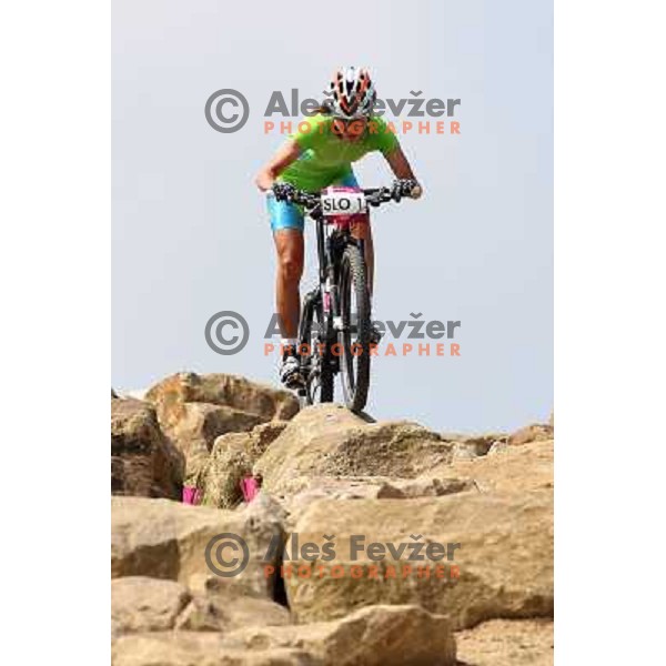 Blaza Klemencic of Slovenia during free practice session on Olympic MTB course at Hadleigh Farm near Southend on Sea,Essex during London 2012 Summer Olympic games on August 9, 2012 