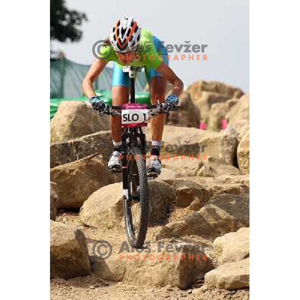 Blaza Klemencic of Slovenia during free practice session on Olympic MTB course at Hadleigh Farm near Southend on Sea,Essex during London 2012 Summer Olympic games on August 9, 2012 